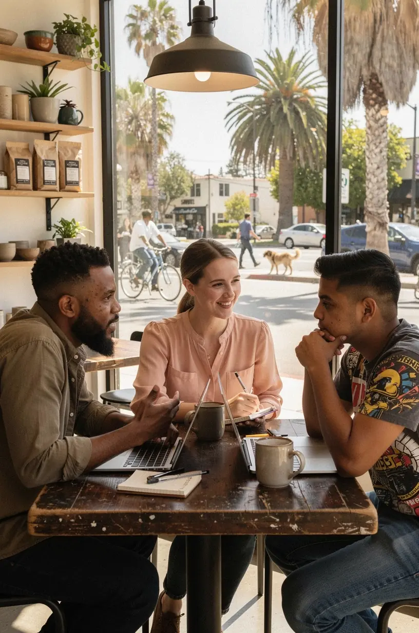 Group of diverse community members engaged in a collaborative discussion around a table with laptops and notebooks.