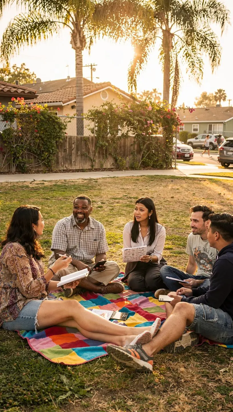 Illustration of a digital map highlighting neighborhoods with icons representing challenges and solutions.